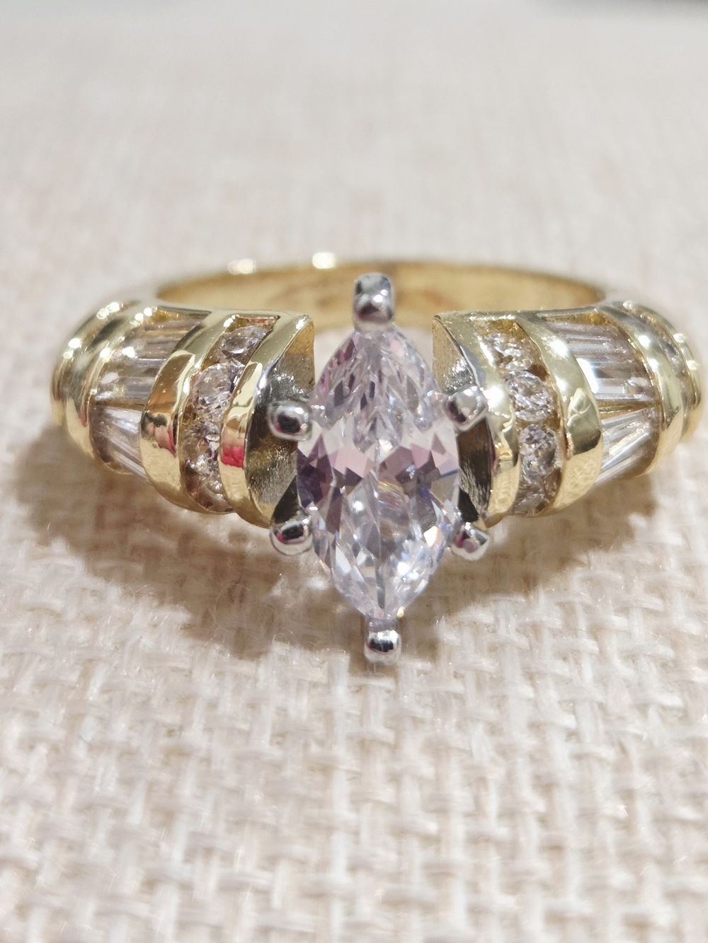 Gold and Clear Marquise-Cut Solitaire Ring~size 10